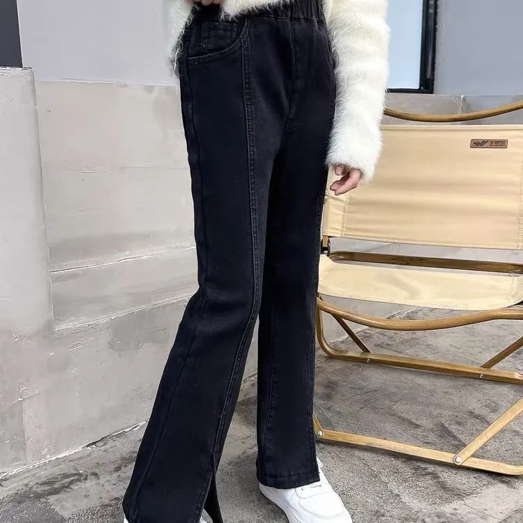 【120-170】ファッション デニム シンプル 無地 スリット 春秋 子供服 キッズ ジュニア 女の子 ボトムス フレアパンツ