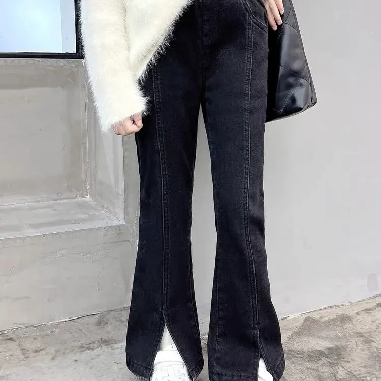 【120-170】ファッション デニム シンプル 無地 スリット 春秋 子供服 キッズ ジュニア 女の子 ボトムス フレアパンツ