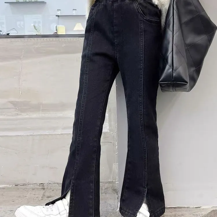 【120-170】ファッション デニム シンプル 無地 スリット 春秋 子供服 キッズ ジュニア 女の子 ボトムス フレアパンツ