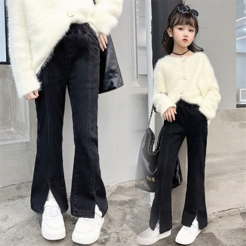 【120-170】ファッション デニム シンプル 無地 スリット 春秋 子供服 キッズ ジュニア 女の子 ボトムス フレアパンツ