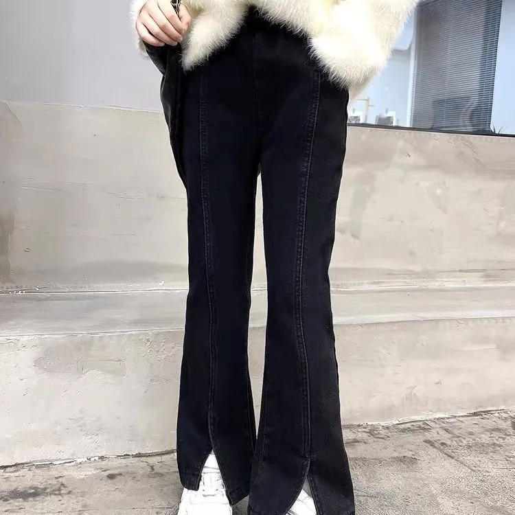 【120-170】ファッション デニム シンプル 無地 スリット 春秋 子供服 キッズ ジュニア 女の子 ボトムス フレアパンツ