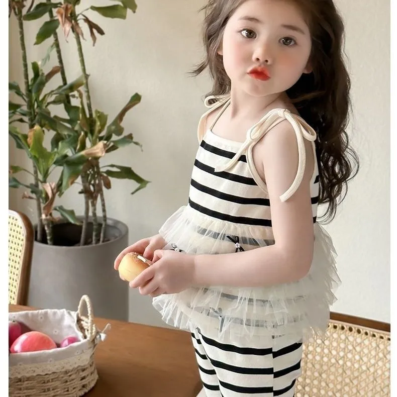 【90-140cm】二点セット 単品注文OK オシャレ ボーダー柄 快適 女の子 タンクトップ＋パンツ セットアップ