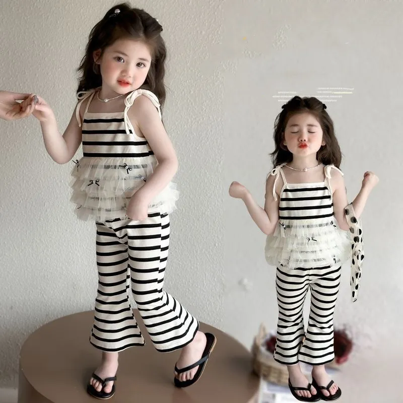 【90-140cm】二点セット 単品注文OK オシャレ ボーダー柄 快適 女の子 タンクトップ＋パンツ セットアップ