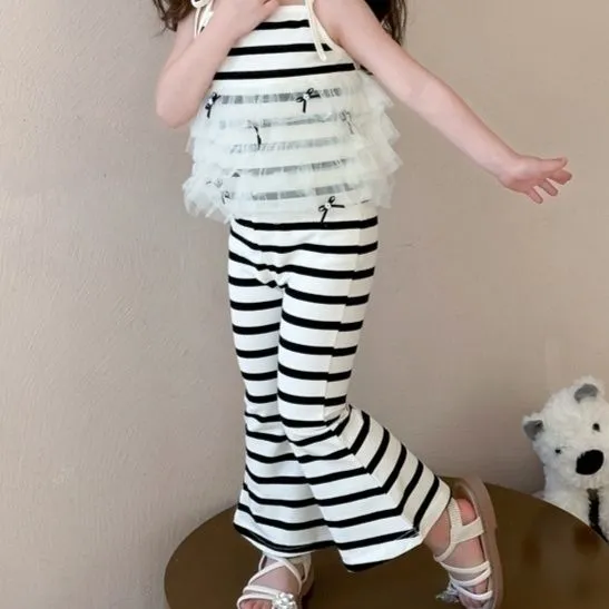 【90-140cm】二点セット 単品注文OK オシャレ ボーダー柄 快適 女の子 タンクトップ＋パンツ セットアップ