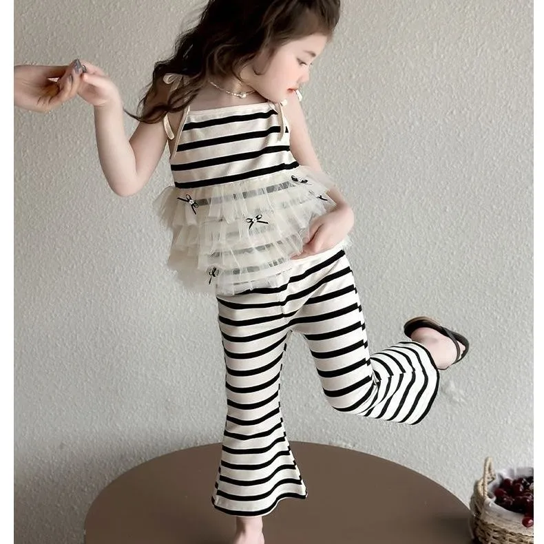 【90-140cm】二点セット 単品注文OK オシャレ ボーダー柄 快適 女の子 タンクトップ＋パンツ セットアップ