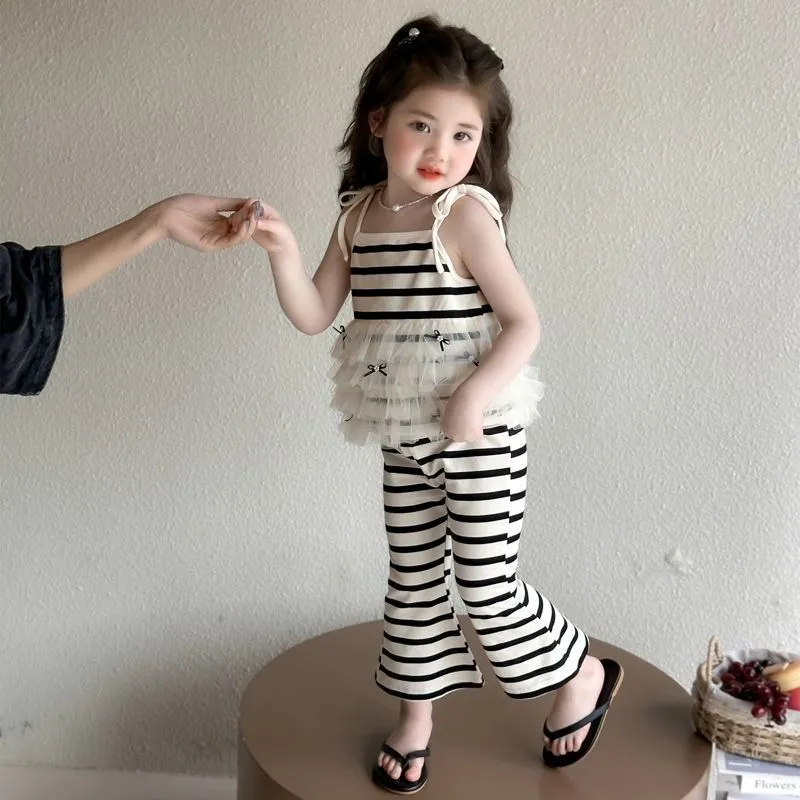 【90-140cm】二点セット 単品注文OK オシャレ ボーダー柄 快適 女の子 タンクトップ＋パンツ セットアップ