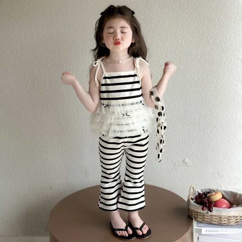 【90-140cm】二点セット 単品注文OK オシャレ ボーダー柄 快適 女の子 タンクトップ＋パンツ セットアップ