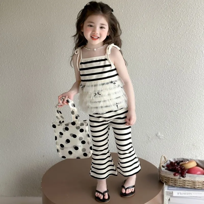 【90-140cm】二点セット 単品注文OK オシャレ ボーダー柄 快適 女の子 タンクトップ＋パンツ セットアップ